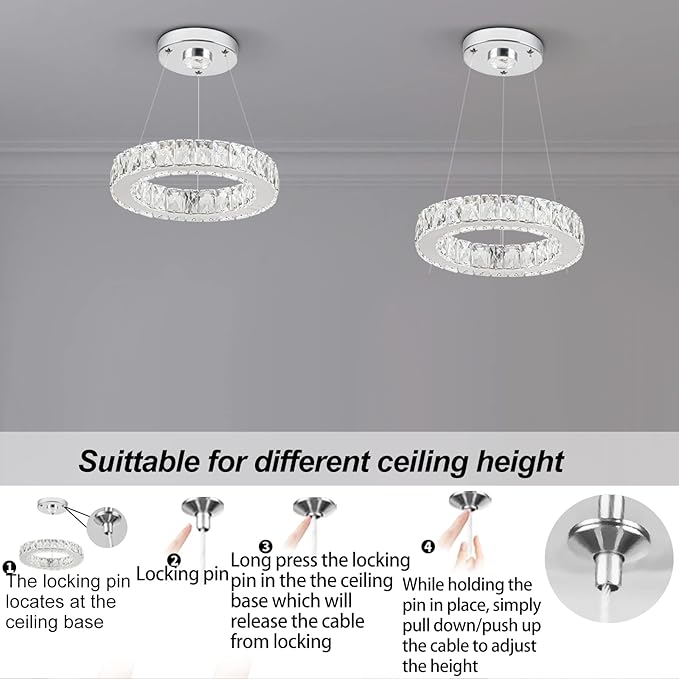 11.8" Crystal Chandelier LED Round Flush Mount Ceiling Light Fixture Modern Hanging Pendant Lighting Mini Ring Chandeliers for Dining Room Kitchen Island Hallway Bathroom (Cool White)