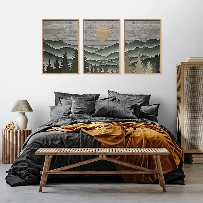 HLNIUC Mountain Framed Canvas Wall Art,Large Green Forest Woodcut Wall Decor Set of 3(16”x24”)Abstract Sun Forest Pine Trees Wall Painting,Rustic Sun Nature Landscape Art Print for Living Room,Bedroom