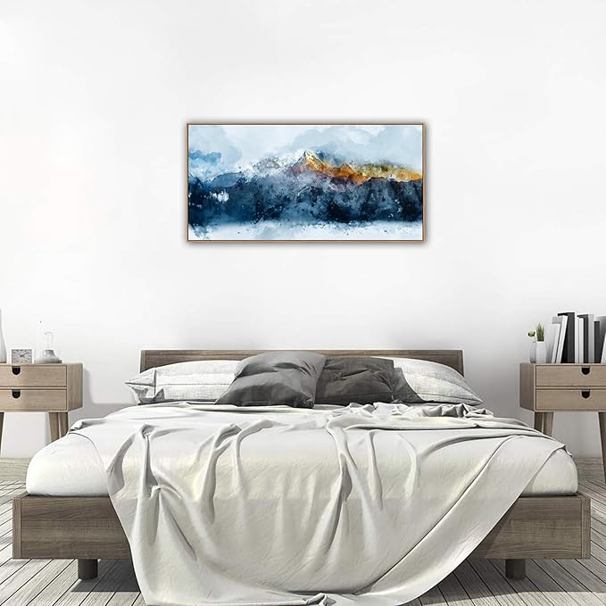 Framed Canvas Wall Art Indigo Abstract Mountain Pictures Wall Decor Blue Grey Orange Mountain Peaks Canvas Painting Prints Modern Abstract Artwork for Living Room Bedroom Decoration 29" X 58"