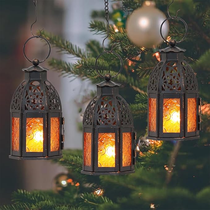 NEEDOMO Set of 4 Moroccan Candle Lantern, 9" Ramadan Lanterns Decorative Indoor Outdoor, Vintage Candle Holder for Chritsmas, Halloween, Table, Patio, Porch, Shelf, Ramadan Decorations (Amber)