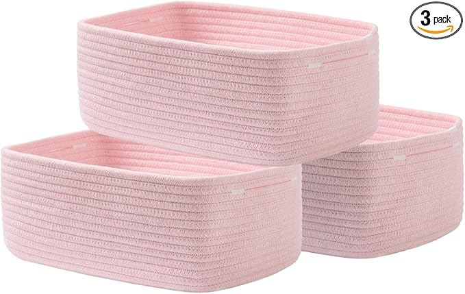 KALLAX Small Woven Basket, 13.5 x 9.5 x 5 Inches, Storage Basket for Organizing, Cute Small Rope Shelf Closet Cube Storage Bins Baskets for Shelves, Dog Toy Gift Baskets Empty, 3 Pack Light Pink