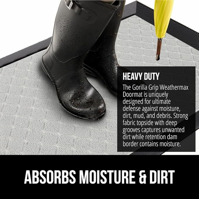 GORILLA GRIP 100% Waterproof All-Season WeatherMax Doormat US Designed Natural Rubber, Stain and Fade Resistant, Low Profile Indoor Outdoor Door Mats, Easy Clean Patio Mat, 17x29, Light Gray