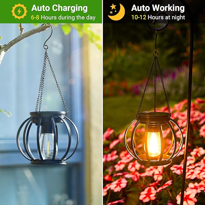 KOOPER Solar Lanterns Outdoor Waterproof, Upgraded Metal Hanging Solar Lights Outdoor Lanterns, Brighter Auto On/Off Outdoor Hanging Lantern for Yard Patio Pathway Porch Garden Decor 2 Pack