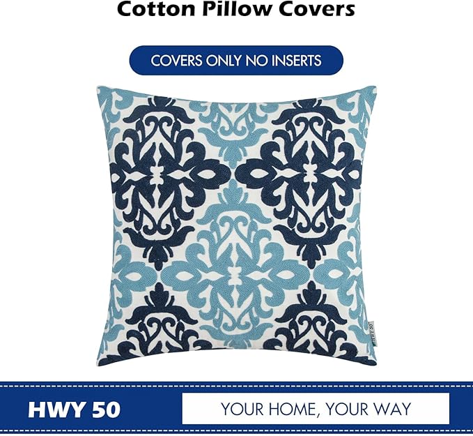 HWY 50 Blue Decorative Throw Pillow Covers 18x18 Inch (1 Piece), Embroidered Cotton Farmhouse Cushion Cover Pillow Case for Sofa Couch Living Room Bed Bedroon, Floral Geometric