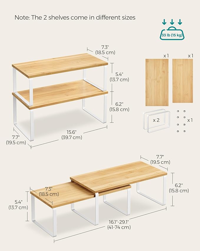 SONGMICS Cabinet Organizer Shelf, Set of 2 Kitchen Counter Shelves, Kitchen Storage, Spice Rack, Stackable, Expandable, Metal and Engineered Wood, Cloud White and Natural Beige UKCS200W01
