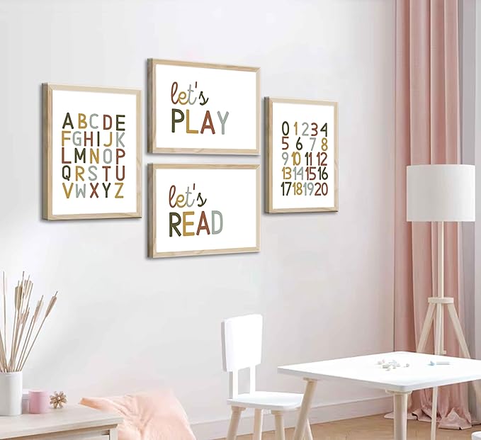 4 Pcs Boho Playroom Canvas Wall Art Nursery Toddler Educational Let's Read Let's Play Painting Pictures Wall Decor Posters Print Artwork for Girl Boy Childs Room Classroom Home Decoration Unframed