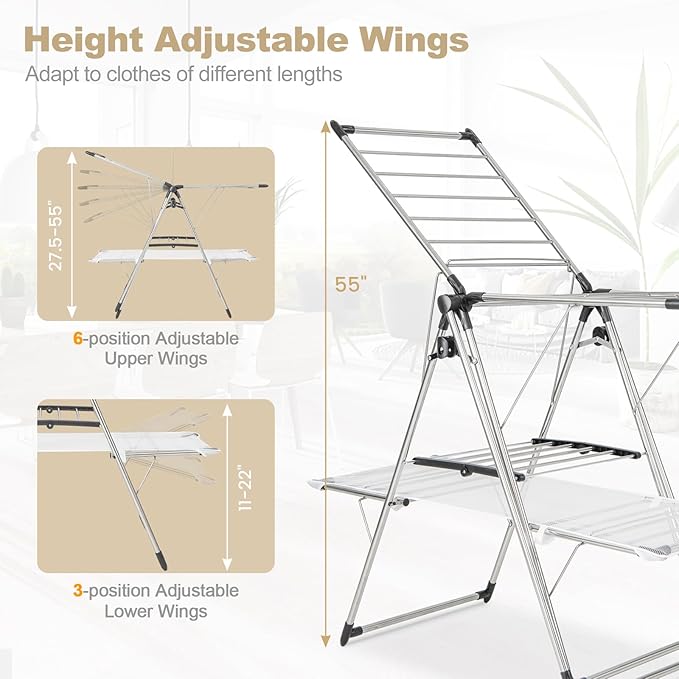 Tangkula Foldable Clothes Drying Rack, 2-Tier Laundry Drying Rack w/Tall Hanging Bar, Height Adjustable Gullwing, Freestanding Garment Stand for Indoor Outdoor Use