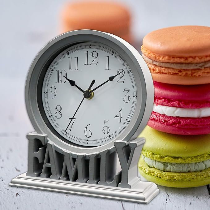 6.5 Inches Table Clock, Vintage Non-Ticking Family Mantel Desk Clock Battery Operated with Quartz Movement HD Glass for Kids Bedroom Living Room Office (Distressed Grey)