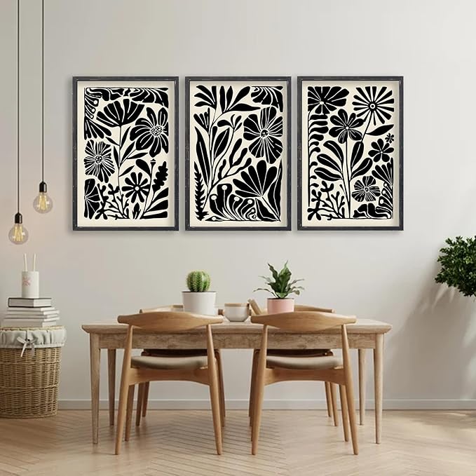 Abstract Floral Botanical Wall Art 16x11 Inch 3 Piece Black Vintage Boho Plant Flower Minimalist Wood Frame Sign Home Living Room Family Office Mid Century Print Wall Hanging Decor (Black)
