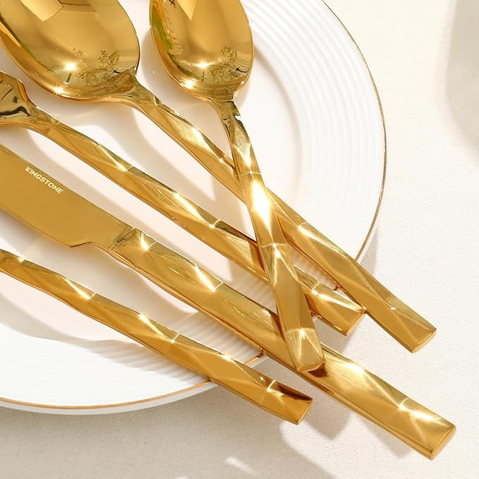 KINGSTONE Gold Silverware Set, Luxury 20 Piece Flatware Set for 4, 18/10 Stainless Steel Cutlery Set with Diamond Cut Pattern for Kitchen, Home, Wedding, Party, Mirror Polished and Dishwasher Safe