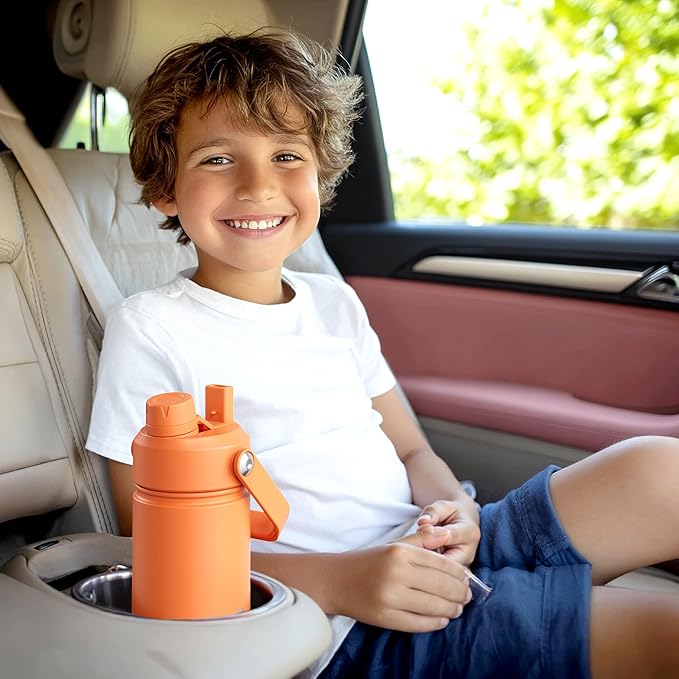 Kids Insualated Water Bottle with Straw - 12oz Stainless Steel Water Bottle with Dual Spouts, Leak-Proof, BPA-Free, Double Wall Vacuum Keeps Cold for 24 Hours for Sports, Travel, School (Raw Umber)