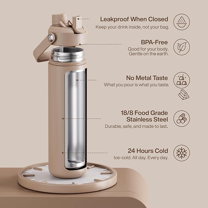 Insulated Water Bottle with Straw - Encool Stainless Steel Water Bottle, Leak-Proof, BPA-Free, Double Wall Vacuum Keeps Cold for 24 Hours for Sports, Travel, School (26 oz, Raw Umber)