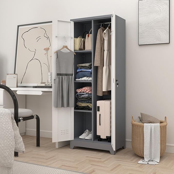 Locking Cabinet,Metal Storage Cabinet with Doors and Shelves,Broom Closet Storage Cabinets for Bedroom,Home Office,Grey-White