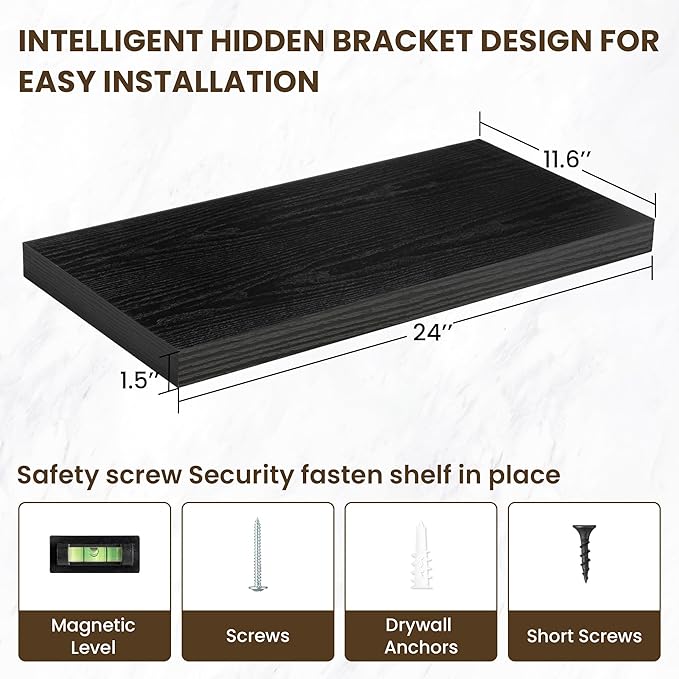 12 Inch Deep Floating Shelves, 24 Inch Long Floating Shelves for Wall, Floating Shelf with Invisible Brackets, Deep Shelves for Bathroom, Bedroom, Living Room, 2 Pack, Black