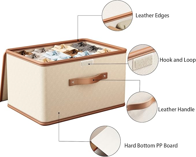 Tuza 2 Pack Storage Bins with Lids, Collapsible Closet Organizer Container, Fabric Organizer Box with Handles, Decorative Storage Boxes with Lids for Organizing Clothes, Books, File, White, Large