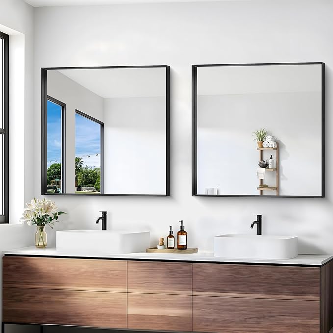 Black Bathroom Mirror, 30x30 Inch Rectangular Framed Mirror, Large Wall Mounted Bathroom Vanity Mirror Over Sink for Bedroom,Restroom, Living Room, Hangs Vertically or Horizontally