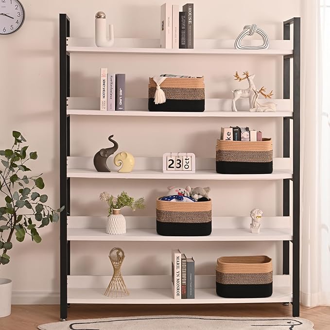 Storage Baskets for Shelves Organizing, Woven Cotton Rope Baskets for Storage, Book Basket, Towel Basket, 12.5"Lx9.1''Wx7.9''H (4 Packs) Gradient Black & Jute