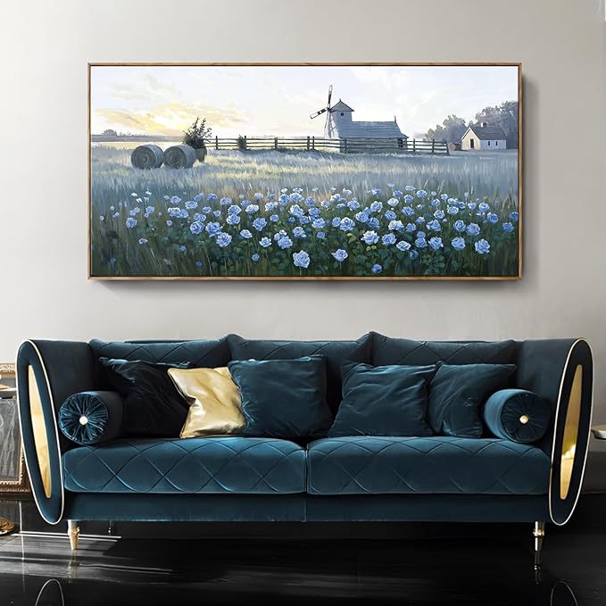 amatop Extra Large Wall Art Bedroom – Framed Country Landscape Canvas Art Blue Floral Field Windmill Print with Natural Wood Frame Rustic Wildflower Picture Home Decor for Living Room Office 58x29 Inch