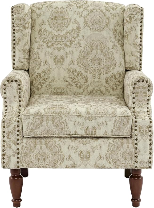 UIXE High Back Floral Accent Chair, Upholstered Armchair in Fabric for Living Room, Retro Wingback Arm Chair Comfy Single Sofa Bedroom Reading Seat with Solid Wood Legs, White