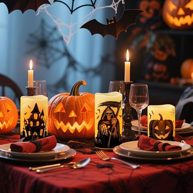 Wondise Halloween Flameless Flickering Candles with 6 Hour Timer, Battery Operated Real Wax Halloween Candles Set of 3 Halloween Decoration Grim Reaper, Haunted House, Pumpkin (3 x 4 5 6 Inch)