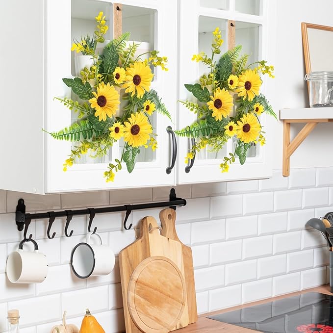 6 Pcs Mini Sunflower Wreath for Front Door Artificial Sunflower Spring Summer Swag Wreath Fake Yellow Floral Candle Rings Wreaths for Pillars Cabinets Window Home Wall Décor