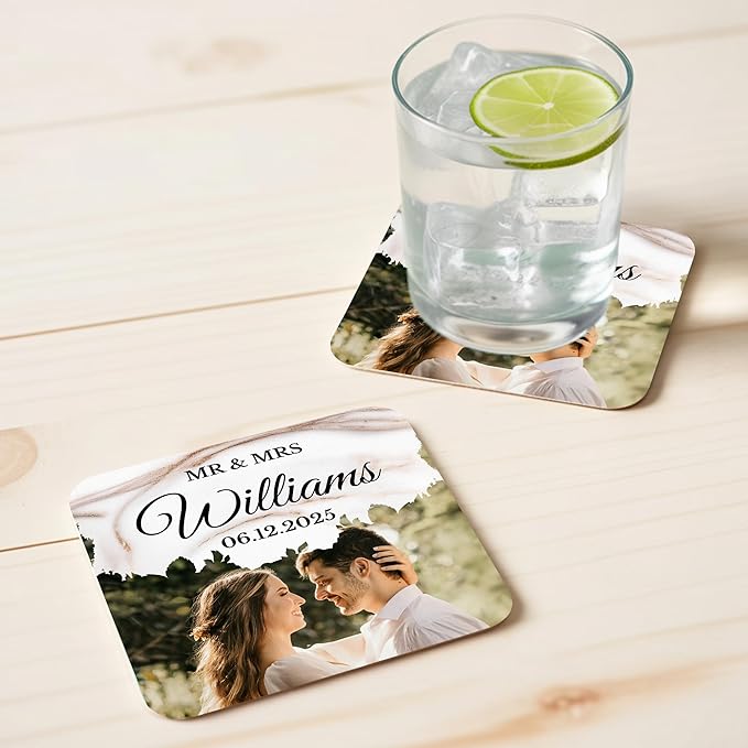60 Pack Personalized Wedding Coasters, Custom Cardboard Coasters for Drinks with Photo Print and Text, Keepsake Wedding Favors and Gifts for Couples, 4x4 Square, Design 6