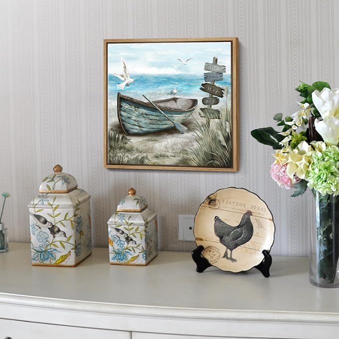 Framed Wall Art Beach Décor Ocean Canvas Picture Coastal Artwork Sea Bird Boat Blue Tan Small Rustic Beachy Canvas Print for Bathroom Bedroom Living Room