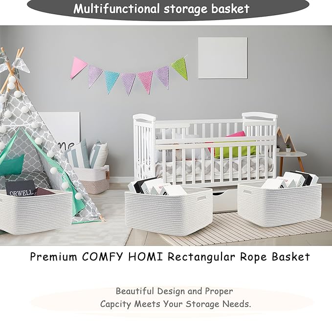 COMFY-HOMI Cotton Rope Woven Basket with Handles for Shelves,Toys,Book, Cloth Storage Baskets for Organizing-17" x 13" x 7.5" Toy Decorative Organizer for Living Room, Bathroom （All White）