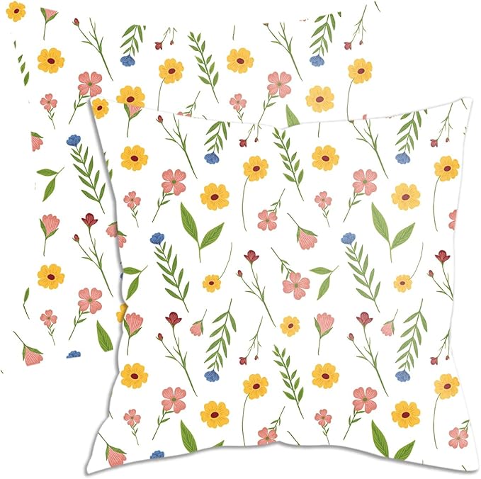 2 Pack Retro Cute Wildflowers Decor Throw Pillow Covers, 18x18 Pillow Cover, Decorative Couch Pillow Covers Flower Decor Pillowcase for Sofa Cushion Sofa Home Chair Office Car Seat Living Room