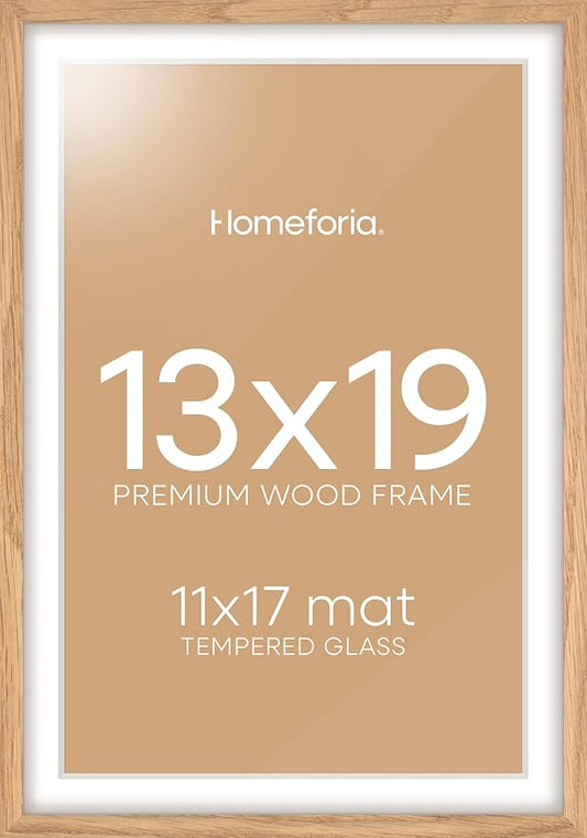Homeforia 13x19 Picture Frame Wood, High End Natural Oak 13x19 Light Wooden Poster Frame with Mat 11x17, 13 x 19 Frames Matted to 11 x 17 Photo, 19x13 Hanging Frame, Tempered Glass, Wall Kit, Set of 1