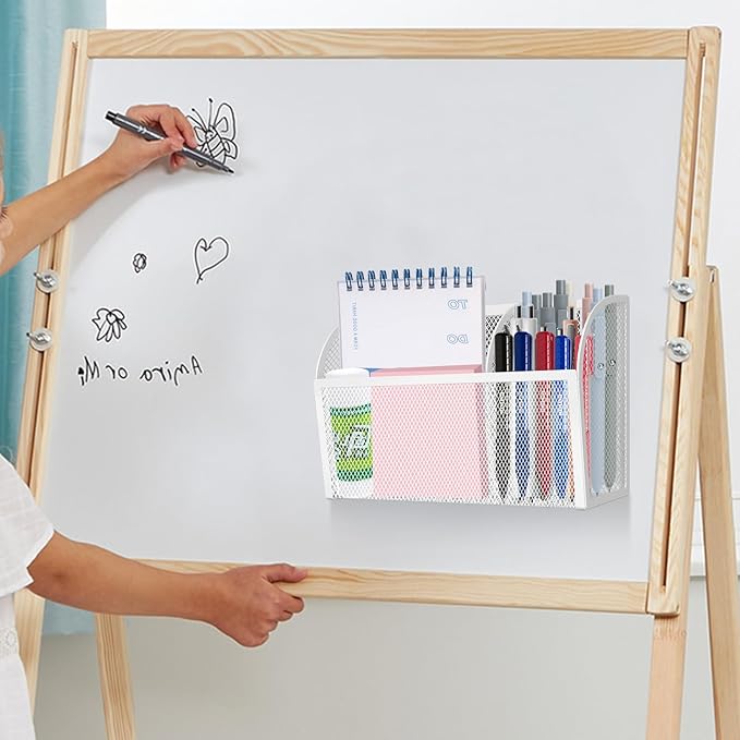 Magnetic Pencil Holder Magnetic Shelf for the Whiteboard 3-Grid Mesh Magnetic Pen Holder for Refrigerator Magnetic Organizer Locker Accessories Organizer for Office (White)