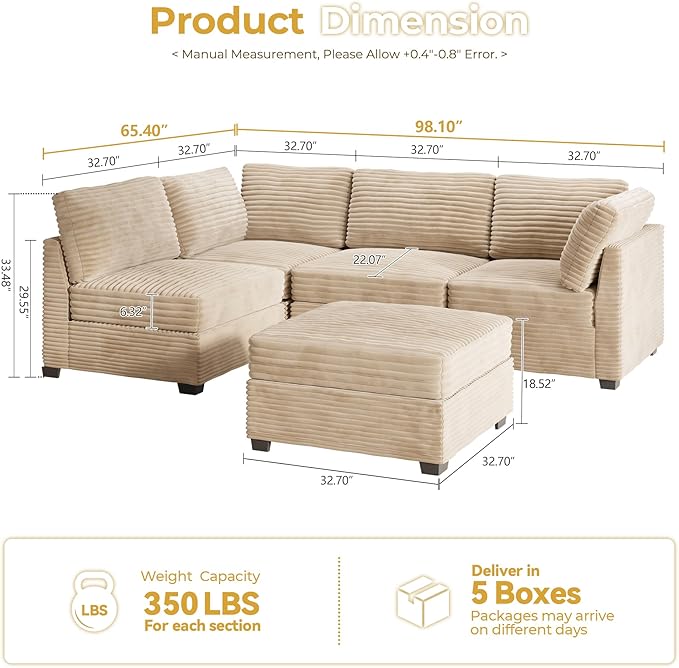 HOOOWOOO Modular Sectional Sofa,5 Pieces Sectional Couches for Living Room,98X55 L Shaped Cloud Couch with Ottoman Chaise Set(Beige Velvet Corduroy)