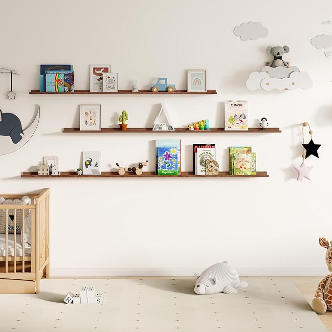 Floating Picture Ledge Shelves for Wall Set of 2, 95 Inches Picture Ledge Shelf with Long Large Nursery Book Shelf for Toys Storage Kids Bookshelf Wall Mounted Living Room Bedroom Decor Frames, Walnut