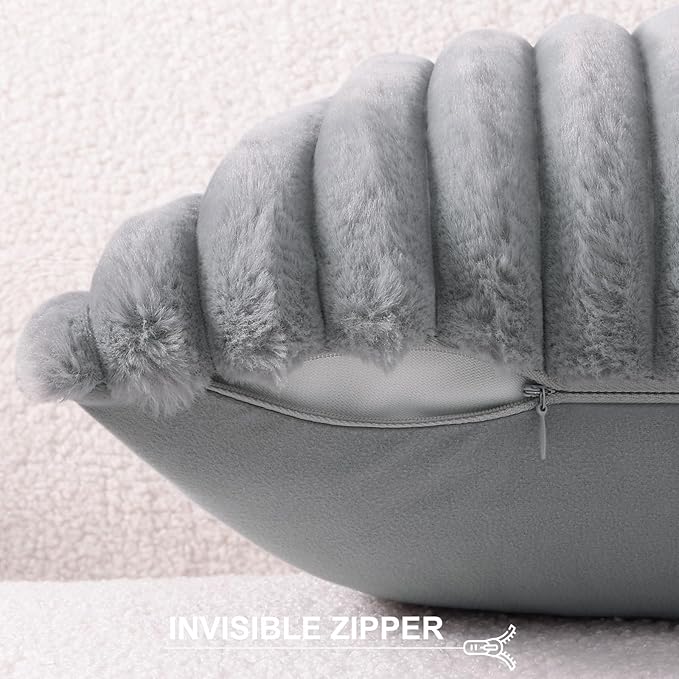 Pallene Faux Fur Plush Throw Pillow Covers 24x24 Set of 2, Luxury Soft Fluffy Striped Decorative Pillow Covers for Sofa, Couch, Living Room, Grey