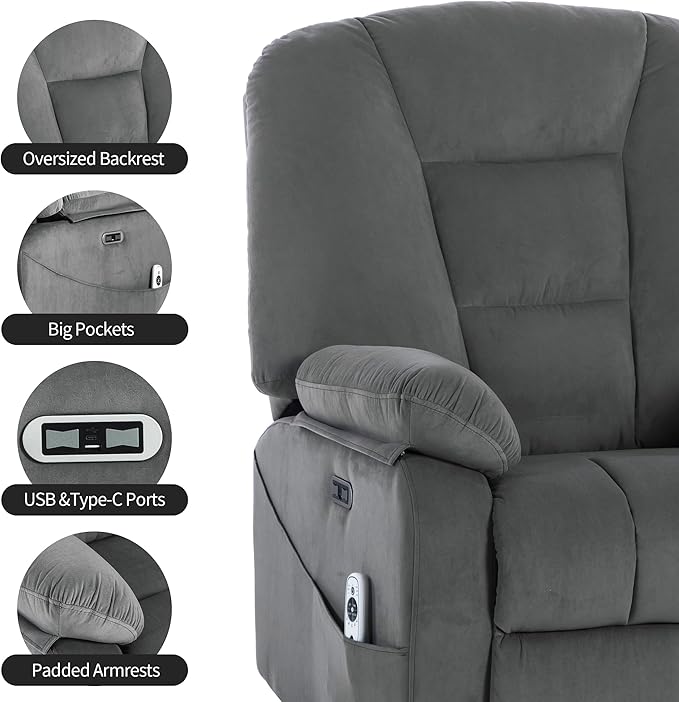 Power Swivel Rocker Recliner Chair for Adults,Rocking Recliners Chairs with Massage and Heat for Living Room, Electric Fabric Reclining Sofa Chair with USB and Type-C Port (Gray)