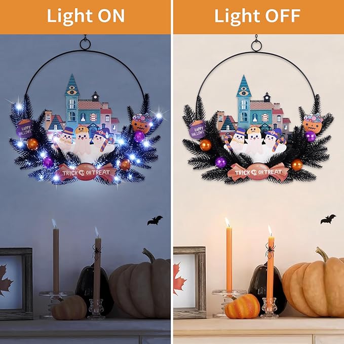 Lighted Halloween Wreaths for Front Door, Welcome Metal Wooden Door Wreath Decor Hanging Sign, 30 LED Lighted Wall Decor Battery Operated for Halloween Indoor Outdoor (Ghost)