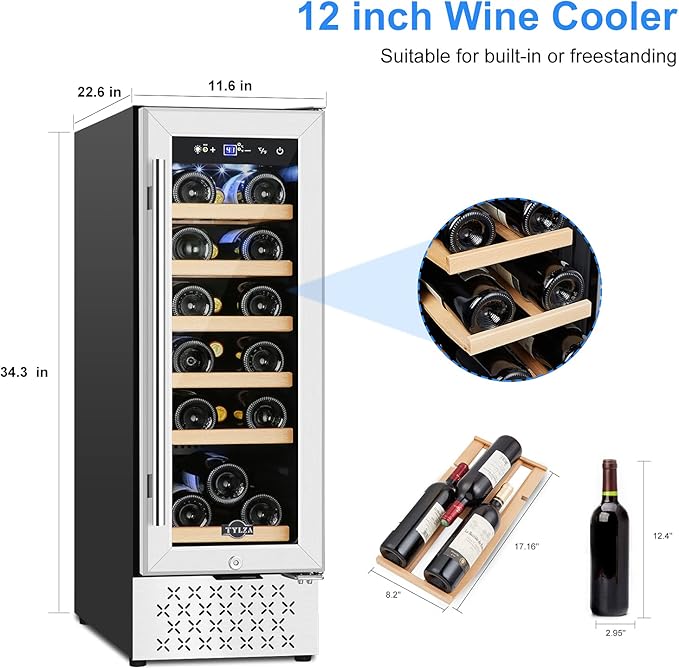 Tylza 12" Wine Cooler Refrigerator 18 Bottle Capacity, Compact Freezerless, Temperature Stability, Low Noise, Double-Layer Tempered Glass Door