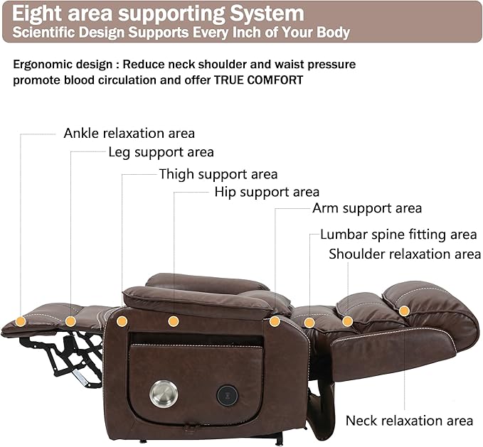 Power Lift Recliner Chair for Adults Elderly Lay Flat Leather Recliners with Massage Heating, Extended Footrest, Wireless Charging Device, USB Ports, Cup Holder, Lumbar Pillow, Up to 400LBS