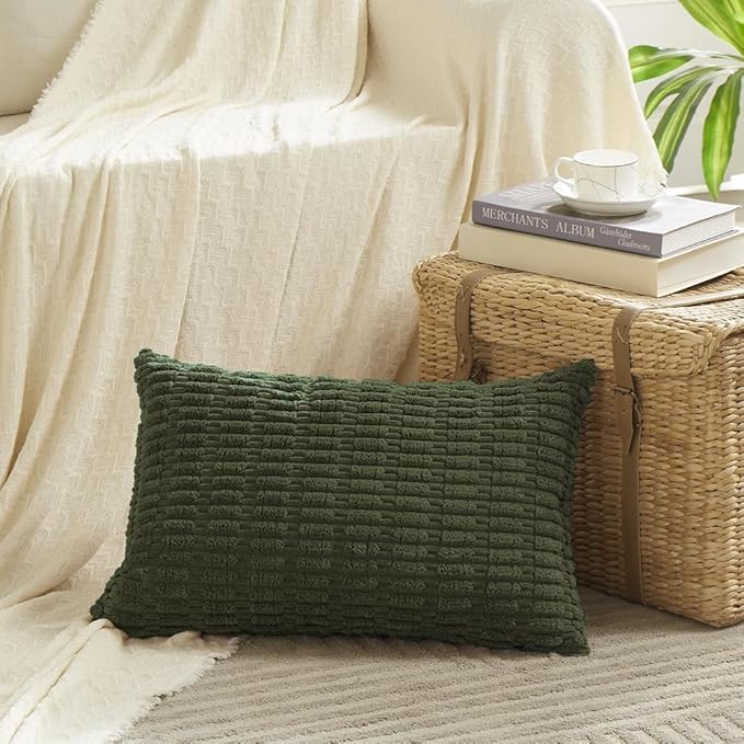 Fancy Homi 4 Packs Boho Olive Green Decorative Throw Pillow Covers 16x24 Inch for Couch Bed Sofa, Rustic Modern Farmhouse Home Decor, Soft Plush Corduroy Cute Square Cushion Case 40x60 cm