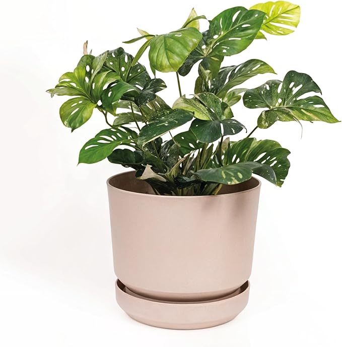 Elly Décor 14 inch Plastic Cylinder Planter Pot with Self-Watering Saucer and Drainage Hole,Lightweight & Extremely Durable, 14"x 14", Ivory