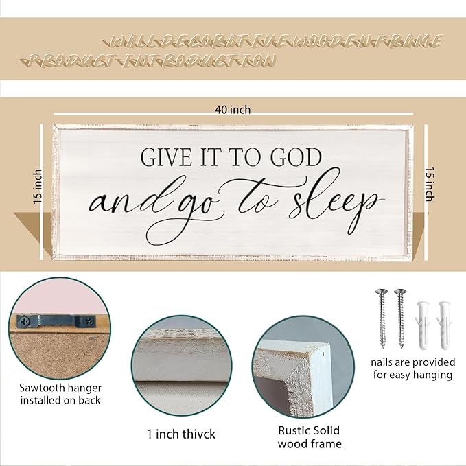 comurdyo Give It To God And Go to Sleep Sign 40''×15'' Master Bedroom Above Bed Wall Decor Wood Framed Couple Large Farmhouse Guest Room Rustic Simple Over Bedside Wall Art Hanging Decor (White)