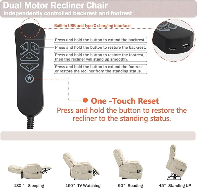 Power Lift Recliner Chair for Adults Elderly Lay Flat Velvet Recliners with Massage Heating, Extended Footrest, Wireless Charging Device, USB Ports, Cup Holder, Lumbar Pillow