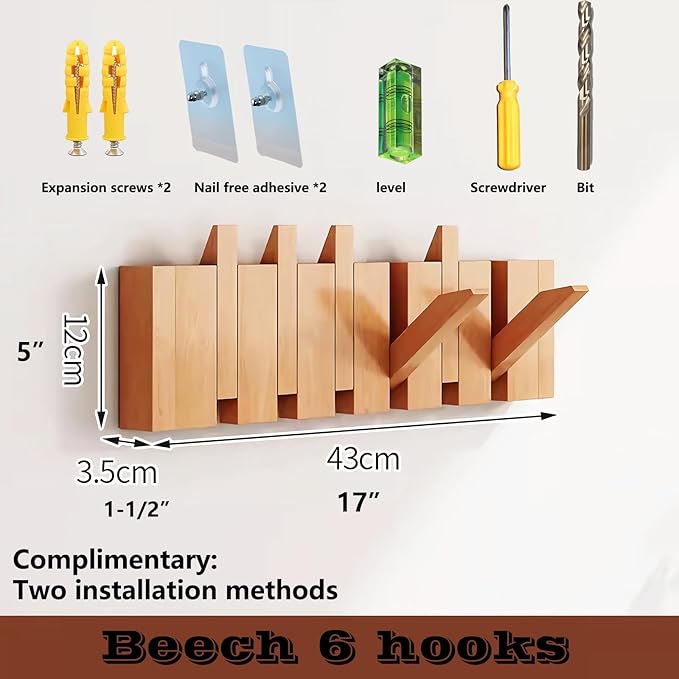 Wall Mounted Piano Key Hanger | Flip Style Hook | Entrance Wall Art Hook, Made of Oak Wood (3 Times Painted, 4 Times Polished) (Beech, 6Hooks)