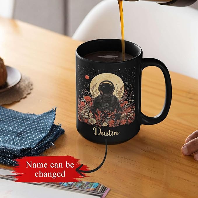 Astronaut with Moon and Wildflowers Coffee Mug, Custom Name Ceramic Cup 11oz 15oz, Unique Astronaut Coffee Cup for Friends, Personalized Astronomy Black Mug, Gifts for Birthday