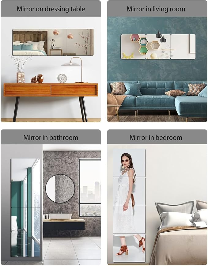 Unbreakable Full Length Wall Mirror,Mirrors for Bedroom,Over The Door Mirror,4 Pcs 12"x12",Shatterproof Plexiglass Acrylic,Long Closet,Workout for Home Gym Body Mirrors for Bedroom