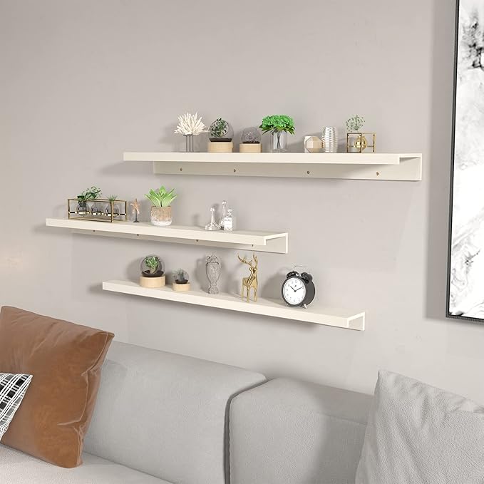 Giftgarden 36 Inch Floating Wall Shelves Creamy White Beige Wood-Grain, Large Picture Ledge Long Wooden Shelfs for Bedroom Living Room Kitchen Bathroom Nursery Office, Set of 3 Different Sizes