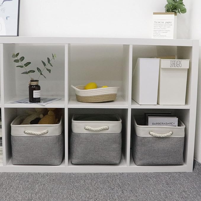 Bidtakay Baskets Set of 3 Storage Baskets for Organizing Large Fabric Storage Bins for Shelves Decorative Canvas Bins Collapsible Empty Baskets for Closet,Nursery,Clothes,Toys,Shoes(White&Grey)