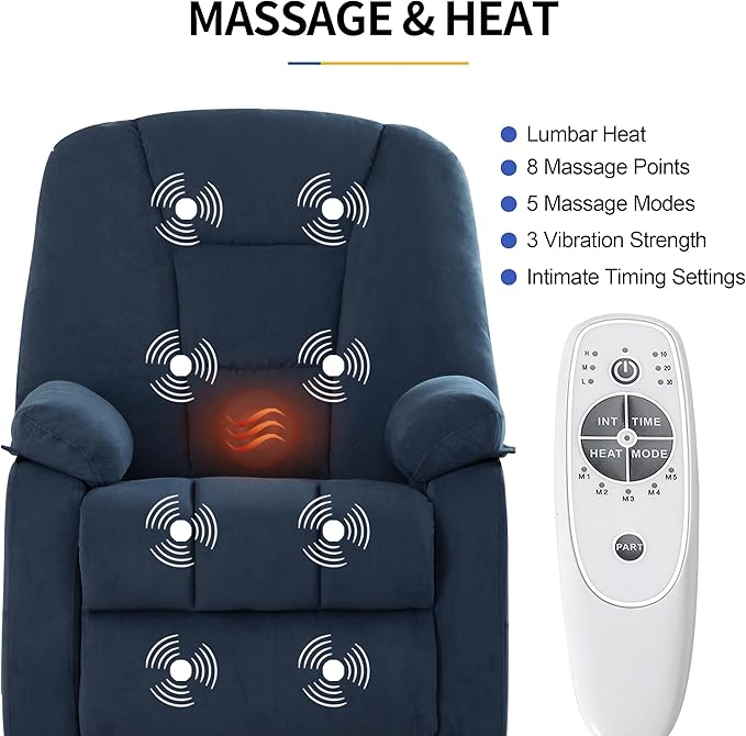 Power Swivel Rocker Recliner Chair for Adults,Rocking Recliners Chairs with Massage and Heat for Living Room, Electric Fabric Reclining Sofa Chair with USB and Type-C Port (Fabirc Blue)