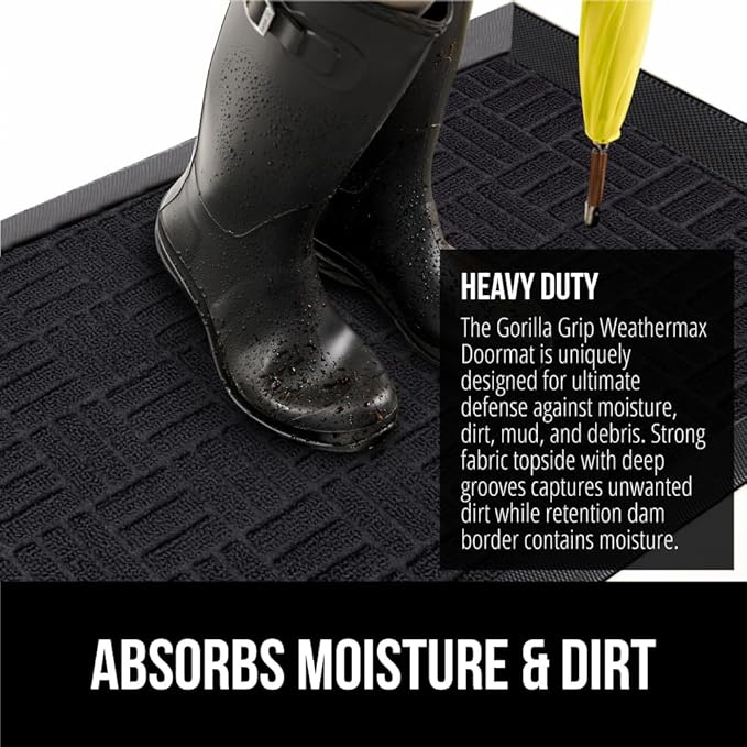 GORILLA GRIP 100% Waterproof All-Season WeatherMax Doormat, 34x58, US Designed Natural Rubber, Stain and Fade Resistant, Low Profile Indoor Outdoor Door Mats, Easy Clean Patio Mat, Midnight Maze