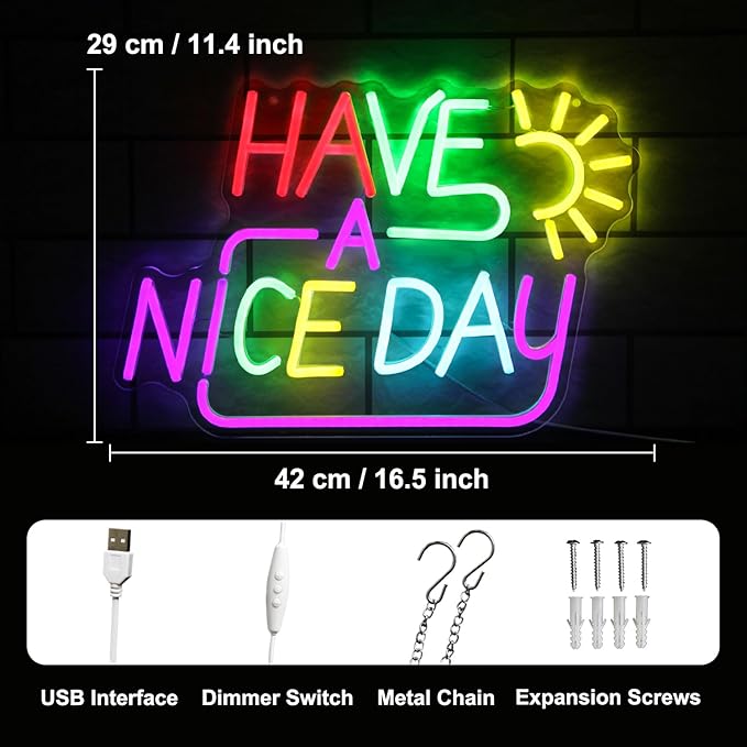 Have A Nice Day Neon Sign for Wall Colorful Letter Neon Light Sun LED Neon Lights Signs Dimmable Words Light Up Signs for Bedroom Living Room School Office Dorm Party Decor Kids Gifts
